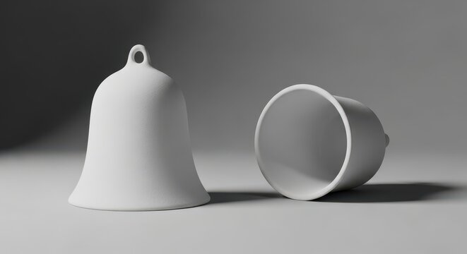 Two matte white bells sitting on a neutral gray surface with soft shadows and lighting