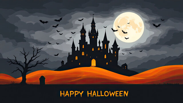 Spooky halloween castle illustration with bats and full moon