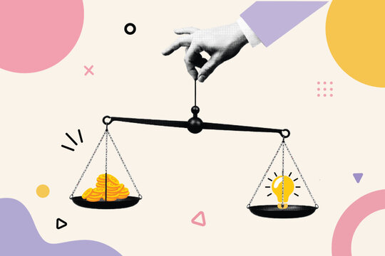 Halftone Collage with Hand Balancing Scale of Money and Idea Lightbulb. Business Decision Between Wealth and Innovation Concept in Retro Pop Art Style