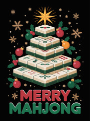 Fototapeta premium This image features a creative Christmas tree constructed from mahjong tiles, the phrase 'Merry Mahjong' at the bottom.