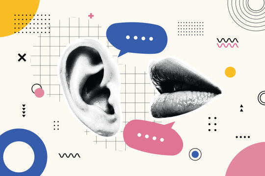 Halftone Collage with Ear and Mouth Speech Bubble. Listening and Communication Concept. Social Media Conversation in Retro Pop Art Style with Bold Geometric Shapes