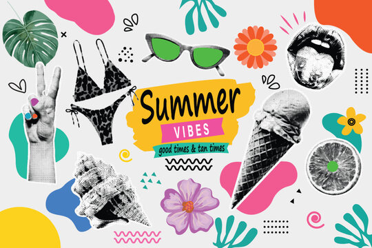 Halftone Collage with Bikini, Sunglasses, and Ice Cream Cone. Summer Vibes, Good Times and Tan Times Typography. Beach Vacation Concept in Retro Pop Art Style with Tropical Flowers