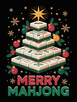 This image features a creative Christmas tree constructed from mahjong tiles, the phrase 'Merry Mahjong' at the bottom.
