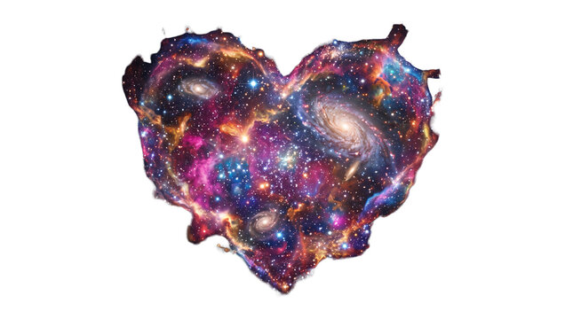 Cosmic galaxy heart shape on white background, celestial nebula heart with stars and planets, ethereal universe love symbol for romantic designs