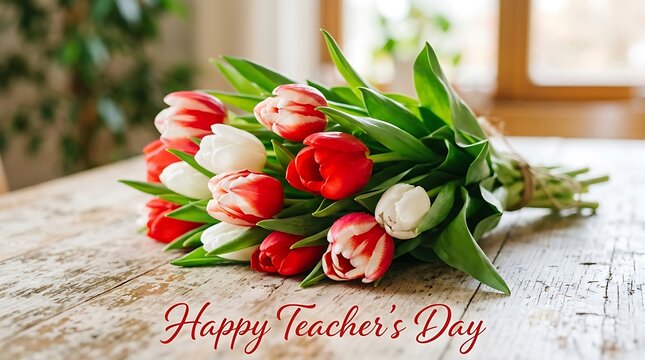 Happy teachers day vibrant tulip bouquet with gratitude message