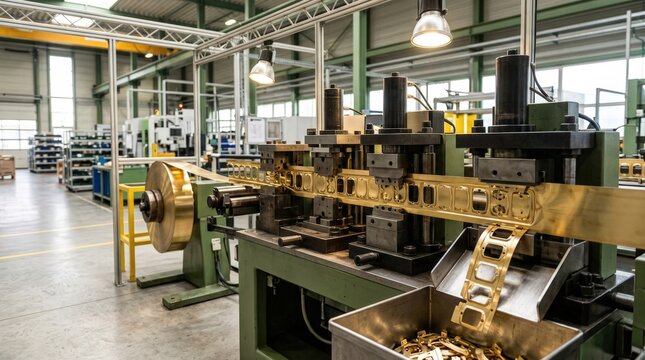 Medium shot of brass bearing cage production with machinery pressing and shaping strip metal into intricate cage components in a clean factory environment.
