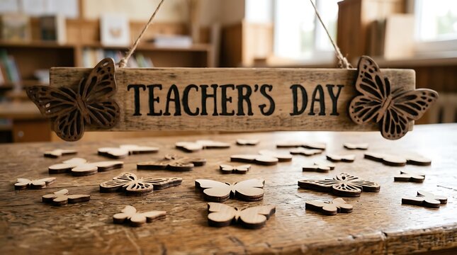 Teachers day celebration wooden sign and butterfly decorations for appreciation