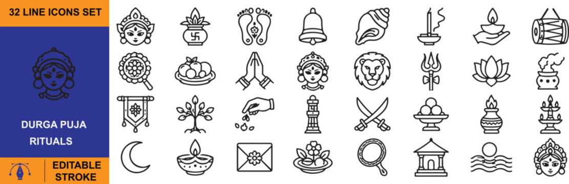 Durga Puja Rituals Vector Outline Icons Set &ndash; Hindu Festival Worship Line Symbols Collection