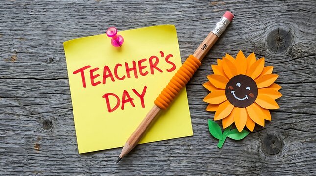 Teachers day celebration pencil sunflower and appreciation note on wood