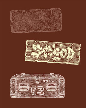 wild west frontier building elements branded wooden sign, ammo crate and sun-dried adobe brick, rustic architecture woodcut engraving