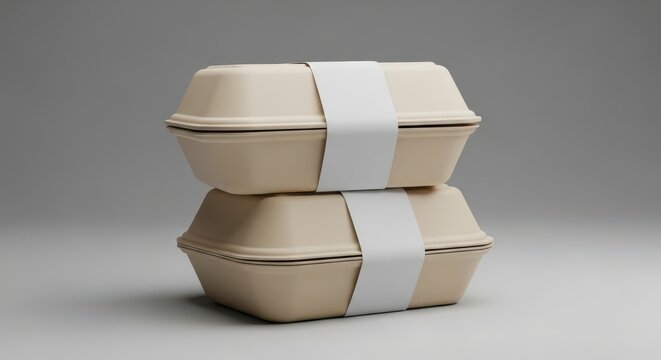 Two stacked beige biodegradable food containers with blank white paper wraps