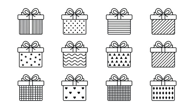 Collection of twelve gift boxes with various patterns and transparent background