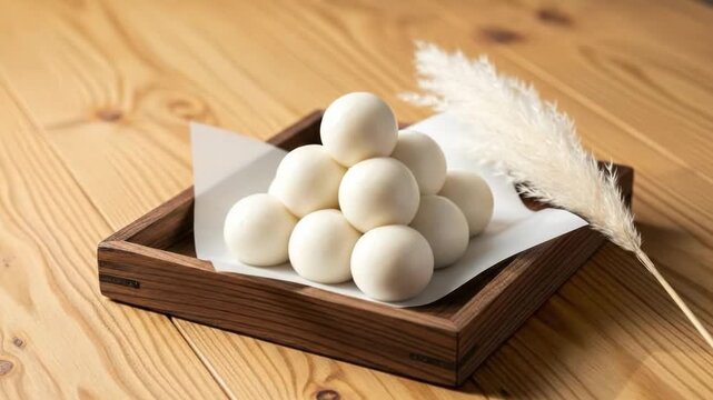Traditional japanese tsukimi dango on a wooden tray