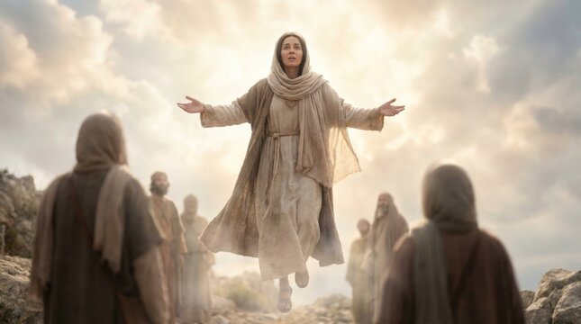Floating blessed mother: divine Mary, solemn Assumption, watch disciple, golden cloud, glorious heaven, spiritual wonder, reach sky, bright light, amaze witness.