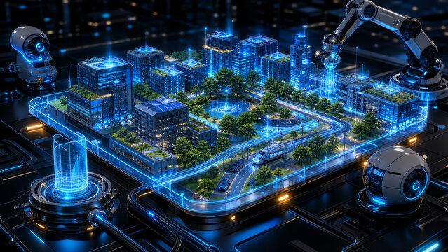 Robotic Arms Over an Illuminated Sustainable Smart City Model