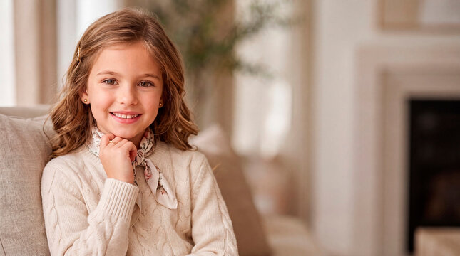 Studio portrait of a cheerful young girl with a natural smile, wearing a cream cable-knit sweater and a delicate floral silk scarf, sitting in a bright, comfortable living room environment with copy s