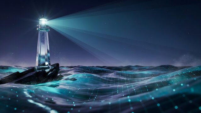 Crystalline lighthouse emitting geometric light beam &ndash; Great for direction, corporate strategy, or clarity.