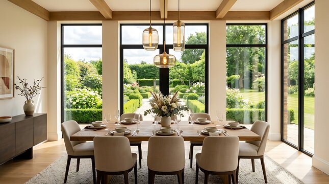 Elegant dining room with large windows and garden view, contemporary home design.