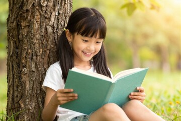 Fototapeta premium Young girl reading book while sitting under tree outdoors
