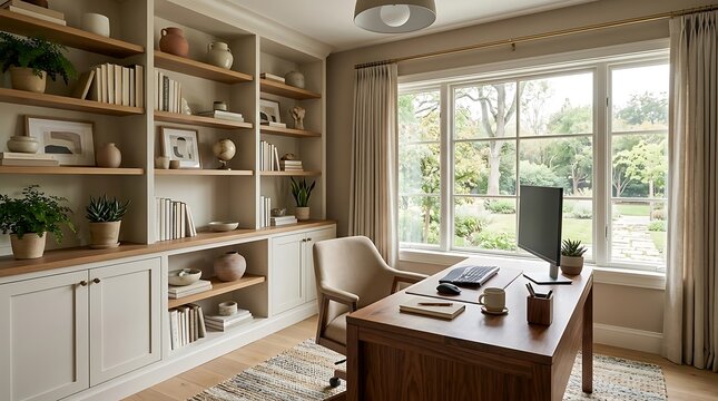 Bright home office with built-in bookshelves, large window, and wooden desk.