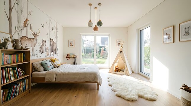 Cozy children's bedroom with animal theme wallpaper and teepee tent.