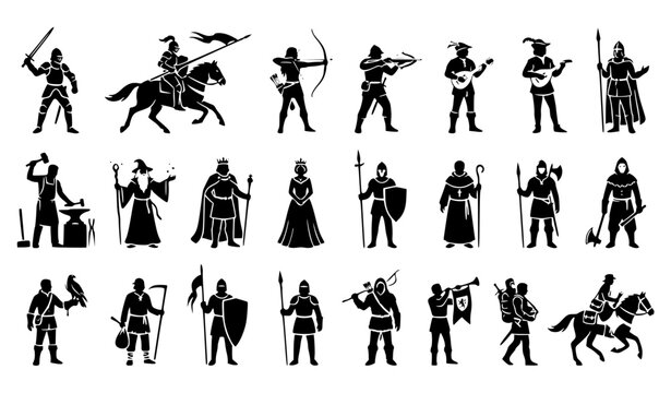 Vintage Medieval Fantasy Character Silhouette Set with Knights Archers Bards Blacksmiths and Royal Figures Vector