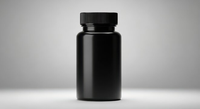 Black plastic supplement bottle with screw cap mockup on a neutral light gray studio background