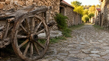 Obraz premium Sunlit cobblestone village street with an old wooden cart wheel beside stone houses at golden hour