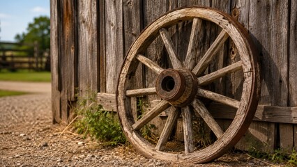 Fototapeta premium Weathered wooden wagon wheel leaning against a rustic barn wall on a gravel farm lane in warm sunlight