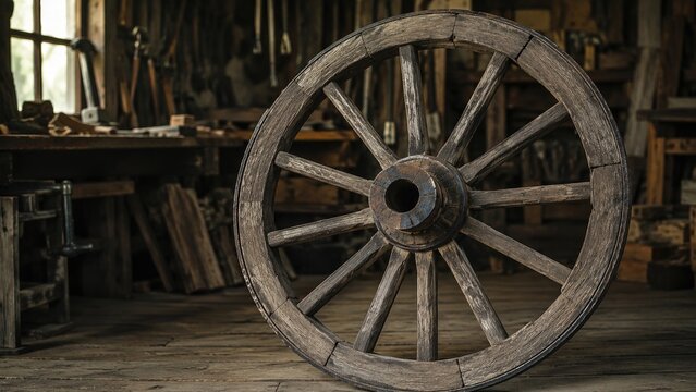 Weathered wooden wagon wheel leaning in a rustic workshop lit by window sunlight, surrounded by tools and aged timber