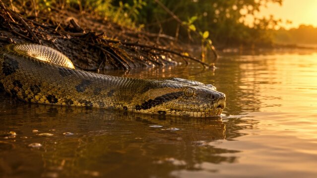 Large python partially submerged at a river edge during golden sunset, close-up of head and patterned yellow-brown scales