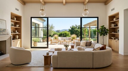 Spacious modern living room with open doors to outdoor patio and lush green garden. © NabinGraphix