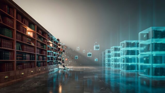 Archive shelves morphing into holographic servers &ndash; Suitable for data migration, legacy to cloud, or storage.