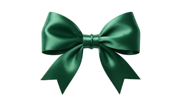 Elegant emerald green satin ribbon bow tied around a wide satin band, isolated on transparent background 