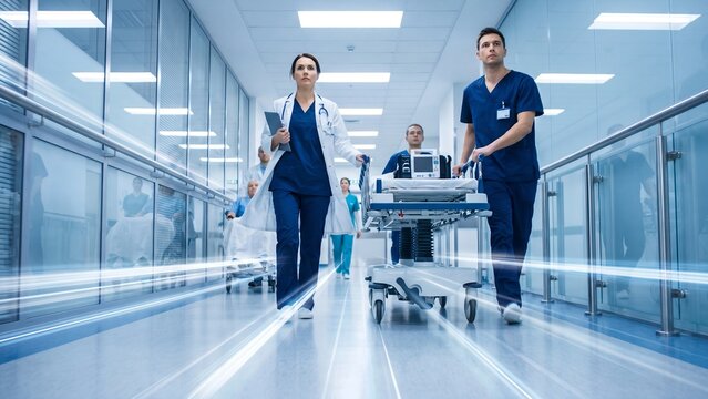 Medical team transporting patient on hospital bed through corridor demonstrating emergency response and critical care coordination