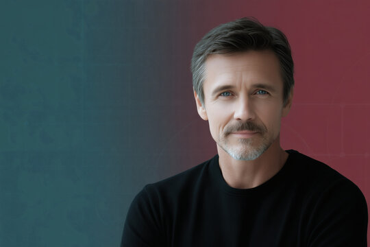 Retrato de hombre sobre fondo azul y rojo