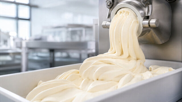 Industrial machine extruding soft creamy ice cream in food factory. Automated production process of dairy treat. Professional kitchen equipment for cold dessert manufacturing and preparation.
