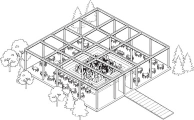 Fototapeta premium Isometric architectural sketch of an open air restaurant pavilion with dining tables and surrounding landscape trees