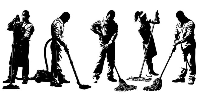 Diverse Cleaning Crew Vector Set: Janitorial Staff, Housekeeping Professionals, Sanitation Workers, Domestic Chores, Commercial Maintenance, Black and White Silhouettes