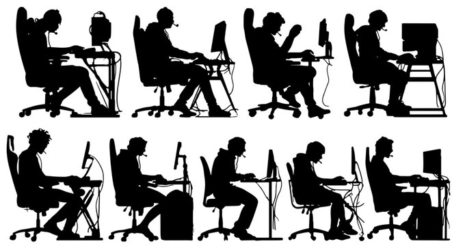 Gamer Silhouettes Collection: Diverse Poses of Online Gamers at Desks with Computers and Headsets, Vector Graphics for Gaming and Technology Concepts