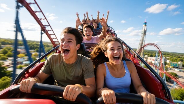 Front-row teenagers screaming and cheering on a red roller coaster at a sunny amusement park, hands raised and smiling on a fast, exhilarating ride