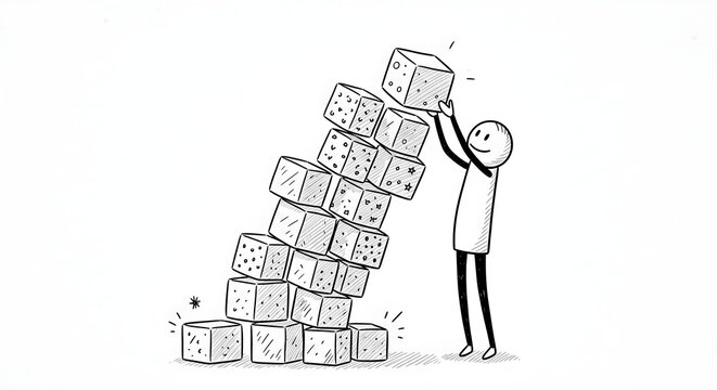 Stick Figure Building Unstable Tower of Blocks Risk and Strategy Concept