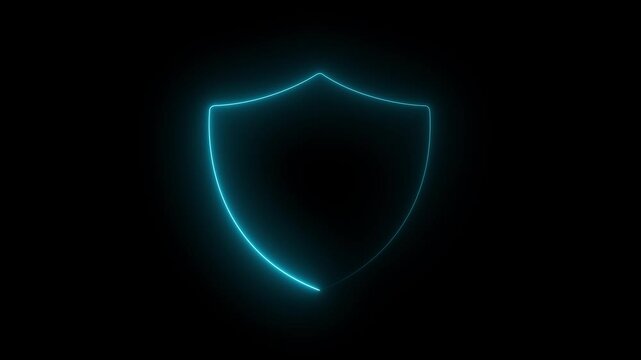 Bright neon security neon frame with tones on isolated black background. health shield neon icon animated protective shield lock barrier health guard bacteria icon.4K VIDEO .