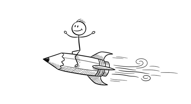 Funny Stick Figure Riding Fast Pencil Creative Doodle Illustration