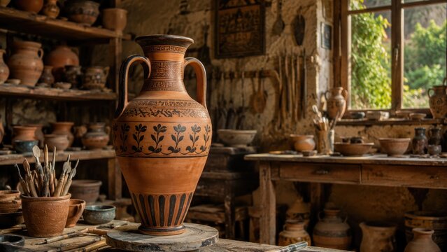 Handmade terracotta amphora with painted floral motifs on a potter's wheel in a rustic, sunlit pottery studio filled with shelves, tools, and earthenware