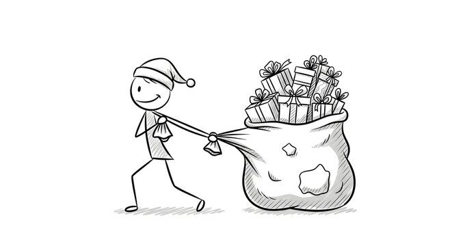 Stick figure in Santa hat pulling a sack full of gifts