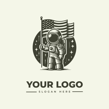 Vintage style astronaut mascot logo holding an American flag in space.