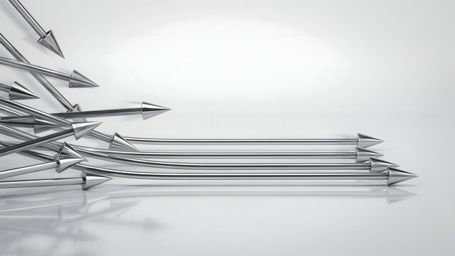 Chrome arrows converging into single stream &ndash; Ideal for alignment, team collaboration, or direction.