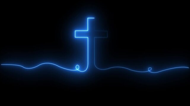 Bright glow flickering neon cross icon. Christianity symbol. Motion graphic video animation. Christian Cross Symbol Animation of an ultra hd christian cross with blue flames.on black backgraund.