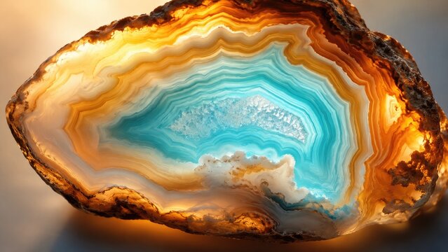 Polished agate geode slice with turquoise-blue center, golden-brown banding and druzy crystal cavity backlit to reveal translucent layered patterns